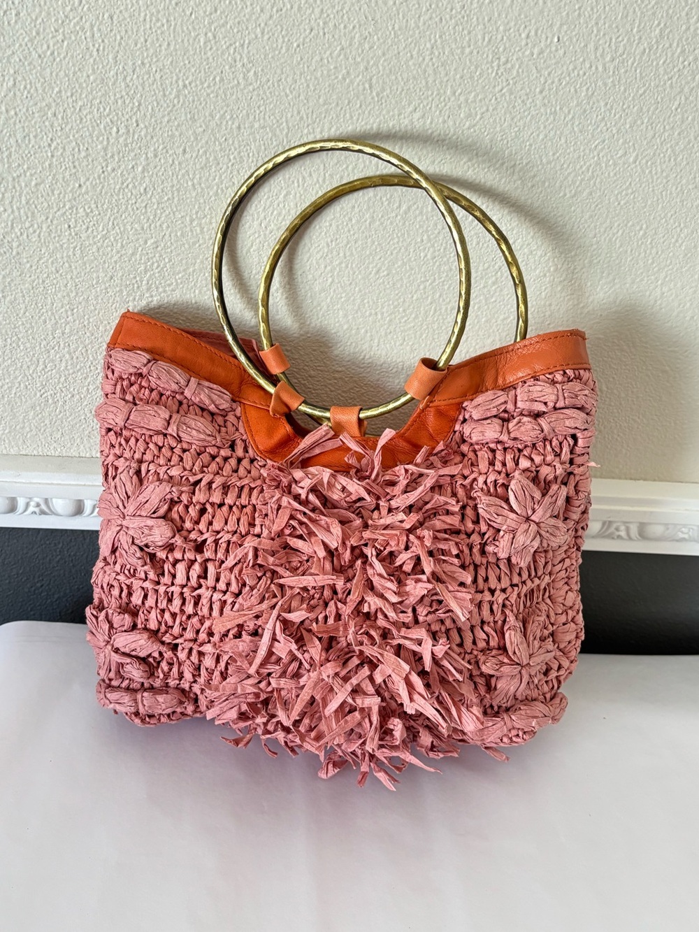 Anthropologie Pink Woven Fringe Tote with Brass Ring Handles